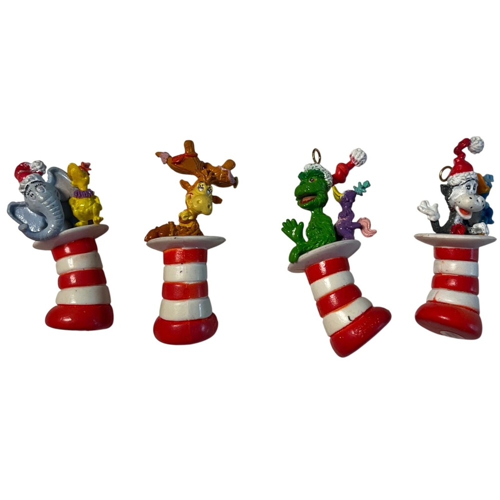 Dr Seuss Christmas Ornament Set 4pc Grinch Horton Cat in the Hat Stocking Mini